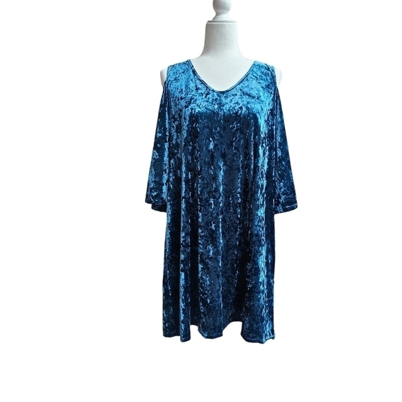 Boho Crushed Velvet Blue Cold Shoulder Shift Dress, Size Medium - Picture 1 of 13